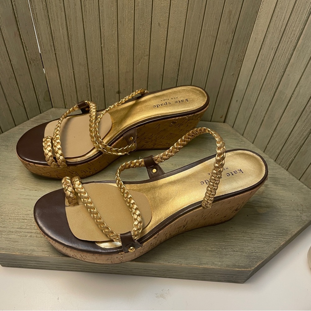 Kate Spade Brown and Gold Wedge Sandals Made in Spain 8.5 - Picture 2 of 9